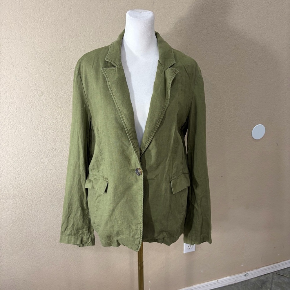 United Colors Of Benetton Women Jacket Sz 46 Olive Pure Linen Blazer Boho Grunge